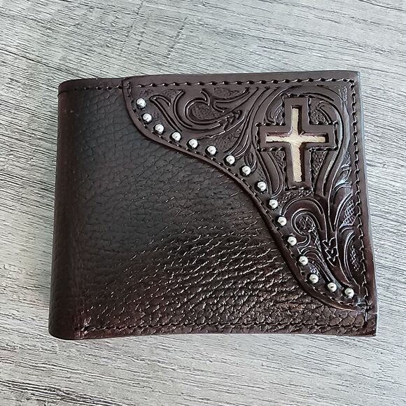 Western Dark Brown Leather Bifold Wallet Cowhide Inlay Cross Silver Stud Accent - Picture 2 of 13